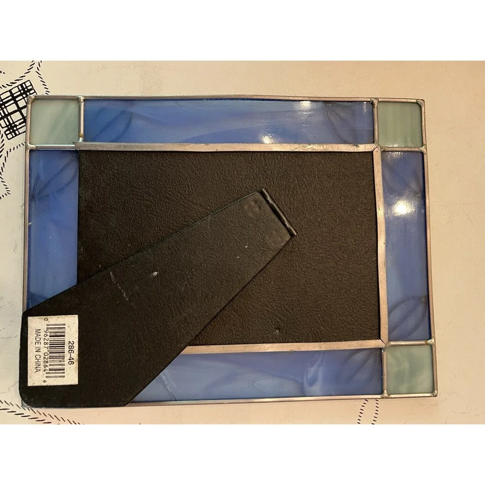 Stained Glass Metal Photo Frame in Shades of Blue Green Holds 4x6 Leaves